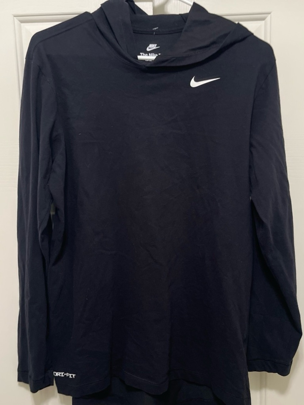 Nike Men’s Black Crewneck Hooded Long-Sleeve Shirt with White Swoosh